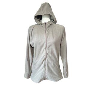 Eastern Mountain Sports Fleece Jacket Women M Gray Taupe Zip Long Sleeve Hood